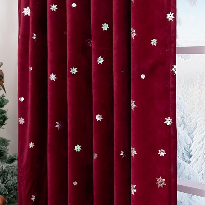 BGment Christmas Velvet Curtains with Snow Silver Printed 90 Inches Long, Elegant Thermal Insulated Blackout Back Tab and Rod Pocket Curtains for Living Room, 2 Panels, 52 x 90 Inch, Burgundy Red