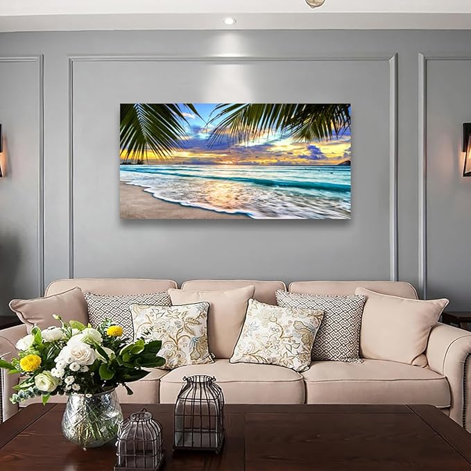 Beach Pictures Canvas Wall Art for Living room Bedroom Wall Decor,Sunset and Beautiful clouds Wall Art Print Paitnings for home Decor,Morden Artwork Waves Canvas Art Waterproof Stretched Ready to