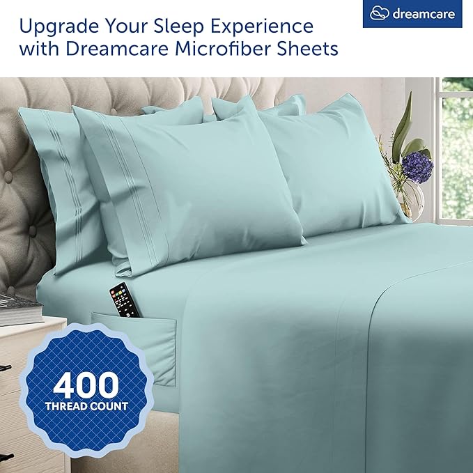 DREAMCARE Queen Sheet Set – 6 pcs Cooling Bed Sheets – up to 15” Deep Sheets Queen Size Bed Set – 2500 Supreme Collection – Extra Soft 100% Brushed Microfiber Hotel Luxury with Side Pocket – Spa Blue