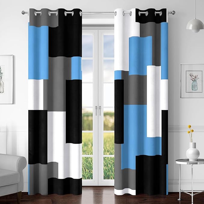 Light Blue 100% Blackout Curtains for Bedroom 84 inch Length 2 Panels Set White Grey Modern Abstract Geometric Black Out Curtains Insulated Room Darkening Window Drapes for Living Room, 52Wx84L