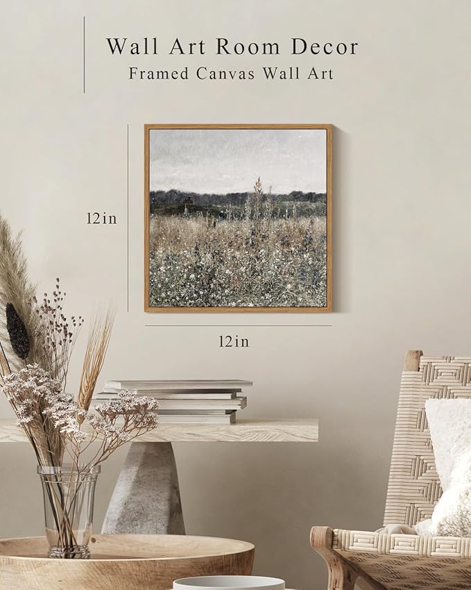 InSimSea Square Framed Canvas Wall Art, Home Decor Vintage Scenery Field Meadow Flowers Wall Art Prints, Retro Nature Floral Oil Paintings Wall Decor for Living Room Bedroom Home Bathroom 12"x12"