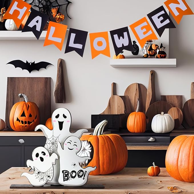 Halloween Ghost Table Decorations Cute Ghost Decor Indoor Halloween Wooden Table Centerpieces Farmhouse Boo Signs Tiered Tray Decor for Party Desk Home Living Room