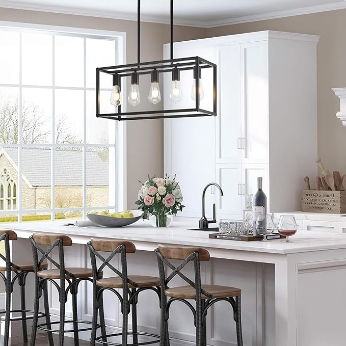 5-Light Kitchen Light Fixtures Black Farmhouse Chandelier Rectangular Dining Room Light Fixture Linear Pendant Lighting Hanging Lights for Kitchen Island Living Room Adjustable Height E26