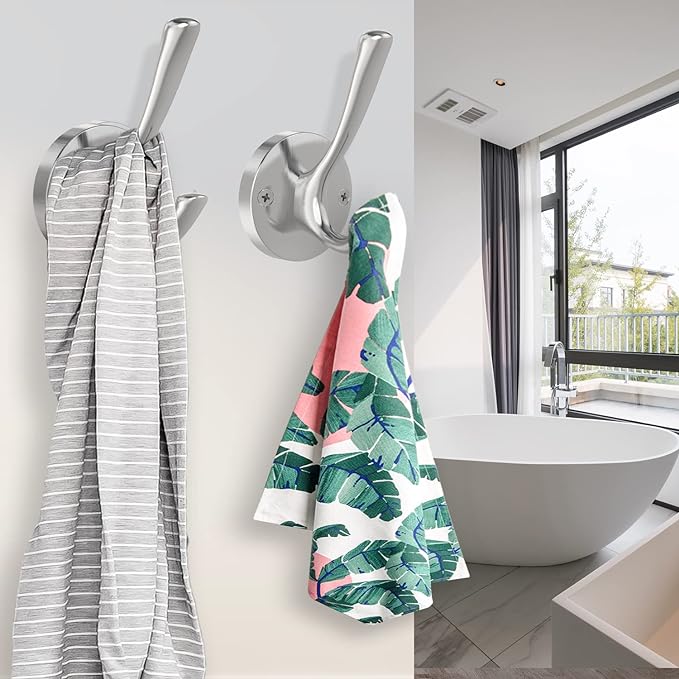 Brushed Nickel Wall Hooks, 4 Pack Heavy Duty Coat Towel Hook Metal Double Hook Wall Mounted Hanging, Bath Towel Hooks for Entryway Cubicle Bathroom Closet Garage