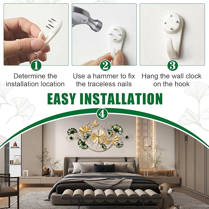 Big Wall Clock, Unique Ginkgo Leaf Decorative Wall Clocks, Luxury Metal Gold Flower Wall Decor, Silent Non-Ticking Oversized Clock for Wall, for Living Room Bedroom Kitchen Office(39.4X19.7In)