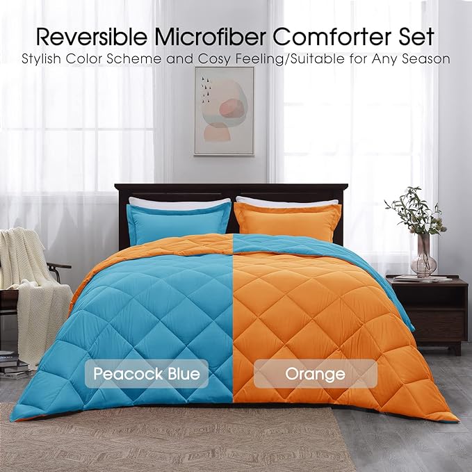 Basic Beyond Queen Comforter Set - Peacock Blue and Orange Comforter Set, Reversible Bed Comforter Queen Set for All Seasons, Peacock Blue/Orange, 1 Comforter (88"x92") and 2 Pillow Shams (20"x26"+2")