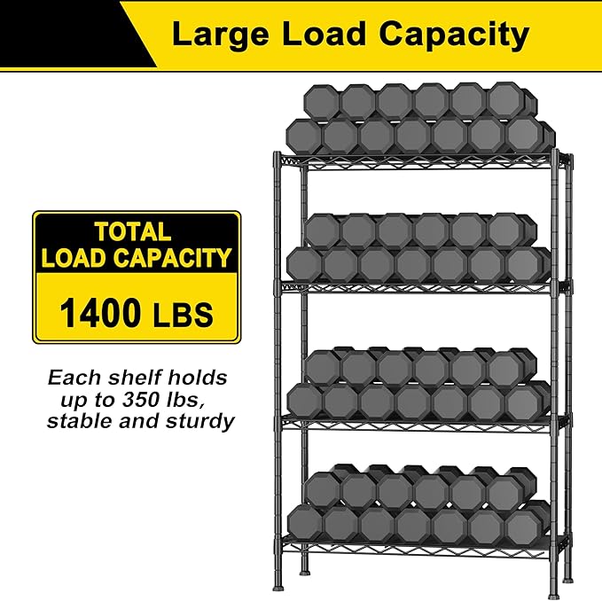 GIOTORENT 4-Wire Garage Shelving Storage Shelves, Metal Shelf Organizer 1400Lbs Capacity, Kitchen Storage Adjustable Shelf for Laundry Bathroom Pantry Closet, Black 36.2''L x 14''W x 53.4''H