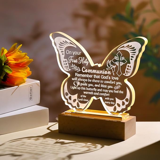 Ornalrist First Holy Communion Gifts for Girls, First Communion Baptism Gifts for Granddaughter Goddaughter, Boys, Teens, Crystal Butterfly Night Light Plaque with Warm Light Base