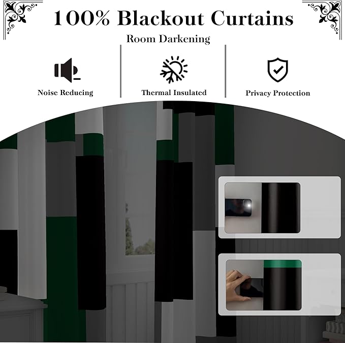 Green Blackout Curtains for Bedroom 84 inch Length 2 Panels Set Black Grey White Modern Abstract Geometric Black Out Curtains Insulated Room Darkening Window Drapes for Living Room, 52Wx84L