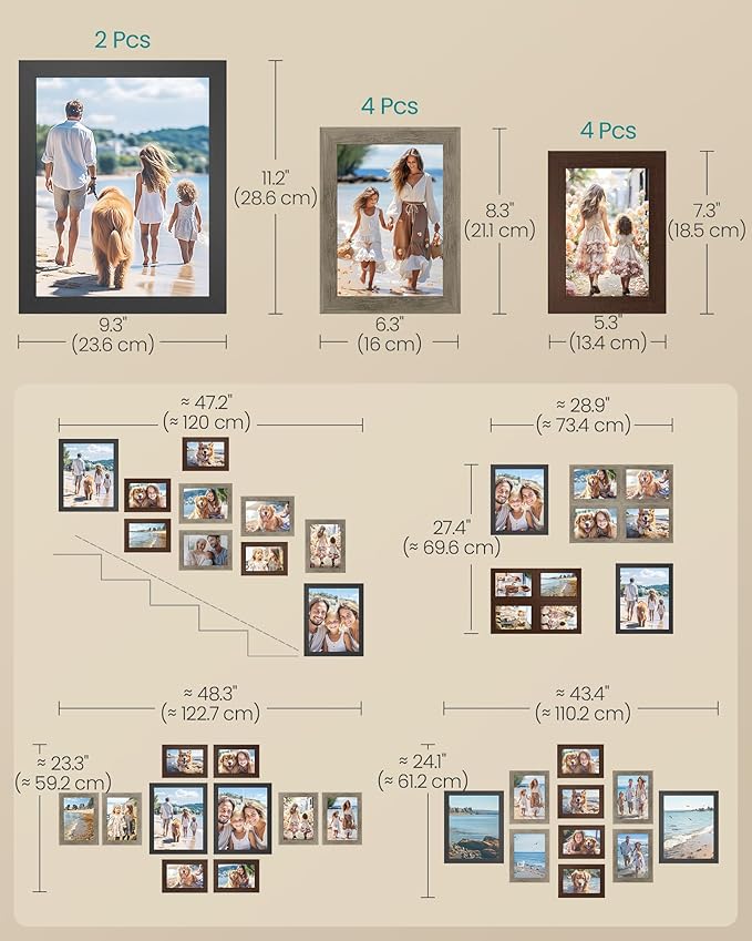 SONGMICS Picture Frames, Collage Picture Frames Set of 10, Two 8x10, Four 5x7, Four 4x6, Photo Frame for Wall Gallery Decor, Table Display, Glass, Maroon Brown, Heather Greige, Ash Black URPF010K03