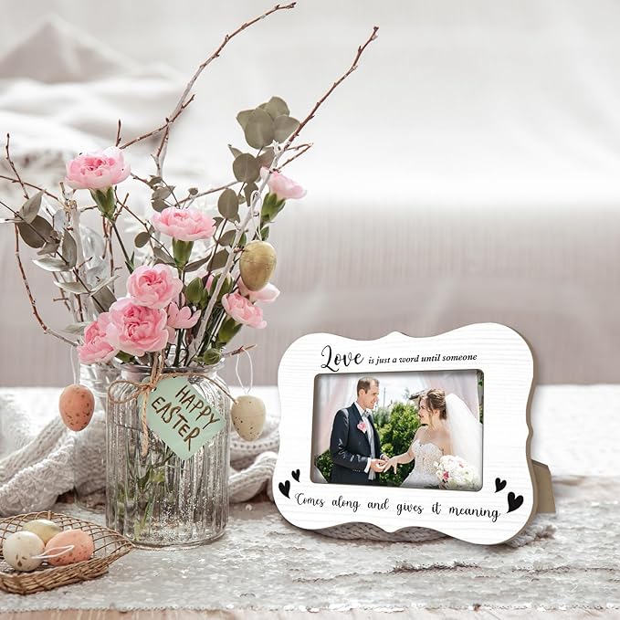 Wedding Photo Frames - Love Is Given Meaning - 2025 White Minimalist Wood Couple Frames, for 4 x 6 horizontal photo, Wedding Gifts For Newlyweds, for Home Bedroom Decor - A08