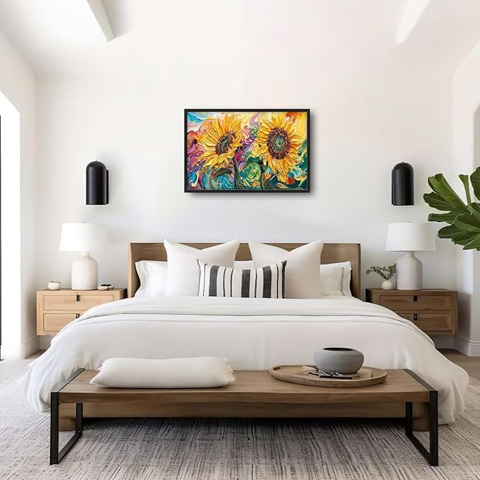 Framed Large Wall Art for Living Room, Sunflower Canvas Wall Decor, Flower Pictures Painting, Natural Landscape Artwork for Living Room Bedroom Office 36L'' × 24W''