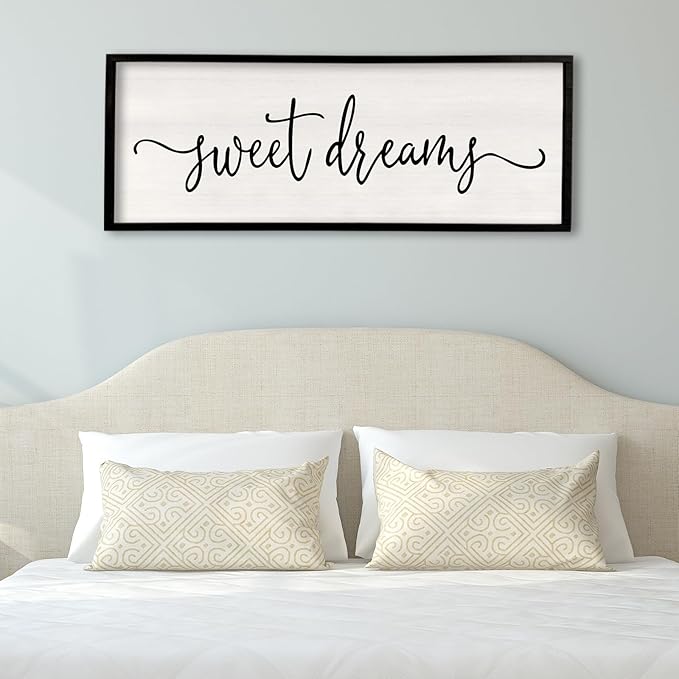 Surfapans Sweet Dreams Wall Decor Above Bed 40"x15" ofr Master Bedroom Guest Room Wood Framed Rustic Over Bed Wall Art Sign (Black)