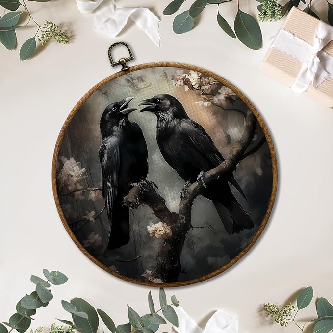 JUIOEIU Gothic Black Raven Round Wall Decor, Dark Academia Black Crow Floral Framed Canvas Prints, Gothic Moody Raven Wall Art Hanging Decorations for Home Bedroom Living Room Decor, 10x10in