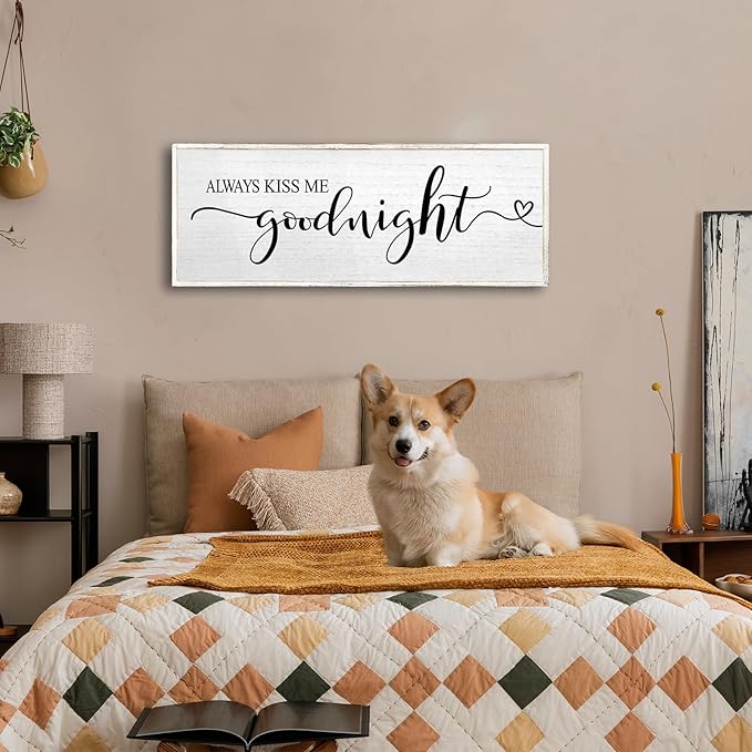 Always Kiss Me Goodnight Wall Sign 40''×15'' Vintage Master Bedroom Above Bed Farmhouse Wooden Framed Family Wall Decor for Larg Couples Over Bed Wall Art Decoration (White)