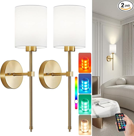 Battery Operated Wall Sconce Set of 2, Brushed Gold Cordless Rechargeable Wall Sconces with Dimmable LED Bulb and Remote, 13 Colors Wall Lights for Bedroom Living Room Hallway