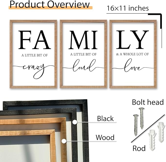 SRSZHIYUE Family Wall Art A Little Bit Of Crazy Loud Sign Wall Decor Art Set of 3 16"×11" Prints Wood Framed for Large Rustic Farmhouse Minimalist Living Room Entryway Wall Hanging (Wood)