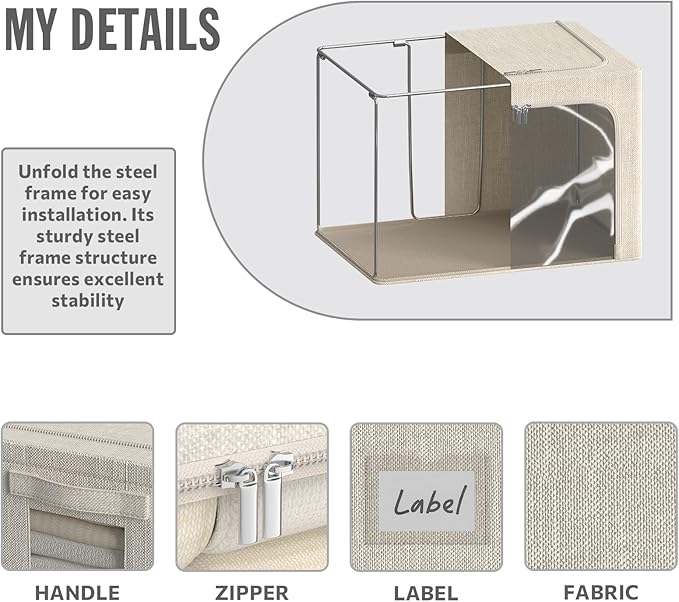 4 Pack Clothes Storage Bins with Metal Frame - 22L Stackable Storage Box with Lid，Foldable Storage Container Organizer for Clothes，Linen Fabric Storage Box with Clear Window＆Zippers＆Handles