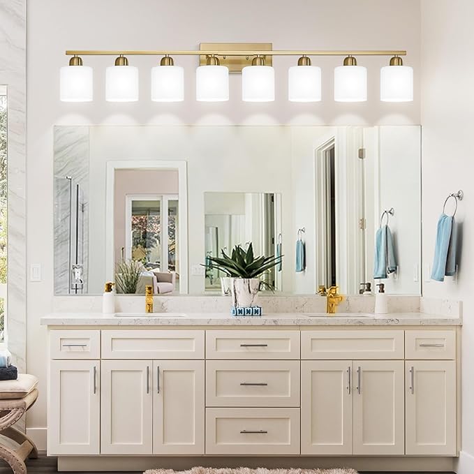 8 Light Bathroom Light Fixtures Gold for Big Mirror, Brushed Gold Vanity Lights for Bathroom with Milky White Frosted Glass Shades, 51 inch Wall Sconce for Mirrors Living Room Bedroom