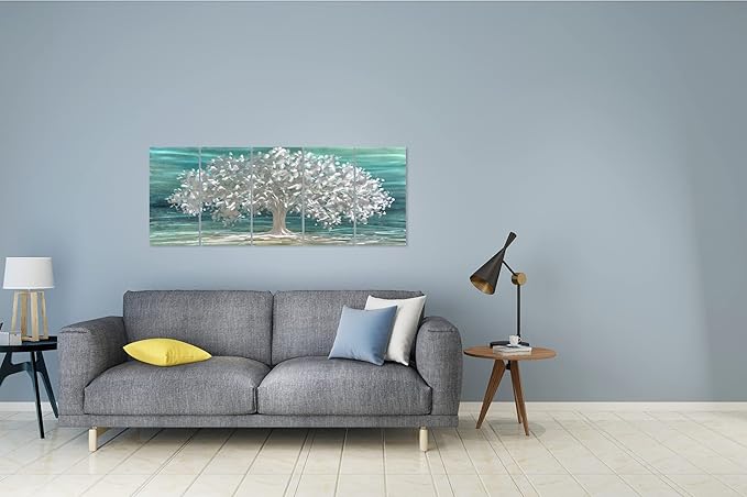 Yihui Arts Tree Of Life Metal Wall Art Handcrafted Aluminum Artwork Teal and Silver Abstract Nature Pictures in 5 Pieces for Living Room Bedroom Bathroom Decor