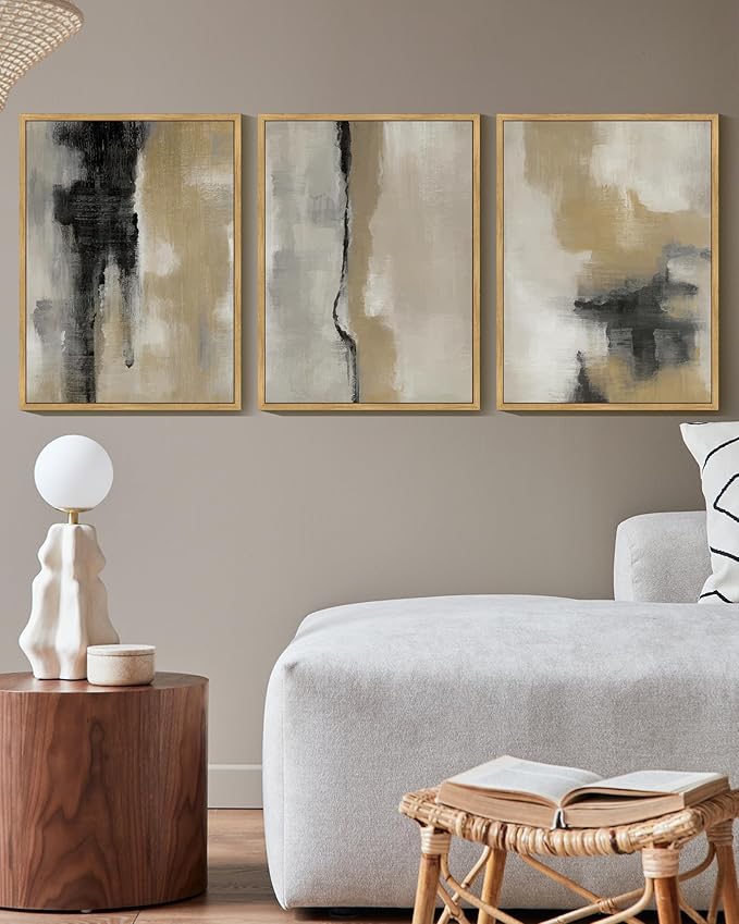 KUVIOKE Black Gray Abstract Framed Wall Art Minimalist Modern Neutral Wall Art Decor for Living Room Hallway Bedroom Ready to Hang 11x14in (Natural Framed)