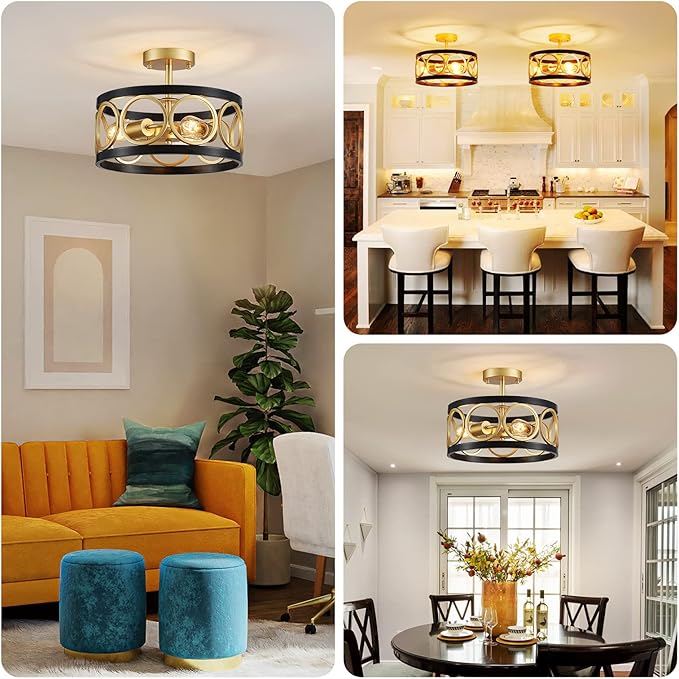 XINGQI 13" Modern Semi Flush Mount Ceiling Light Fixture, Black and Gold Drum Chandelier with Metal Shade Farmhouse Round Ceiling Lamp for Living Dining Room Bedroom