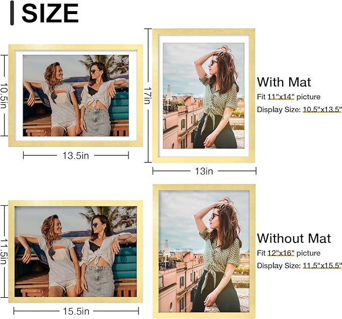 Vittanly 12x16 Picture Frames Set of 9, Shatter Resistant Plexiglass, Display 11x14 Pictures with Mat or 12x16 without Mat, Photo Frames for Wall Mount, Engineered Wood, Gold