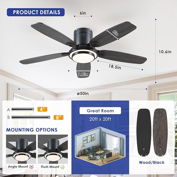 Low Profile Ceiling Fan with Lights and Remote/APP, 50 Inch Modern Flush Mount Ceiling Fan with 3CCT 6-Speeds Quiet DC Motor,Dimmable 3-Color Temperatures for Living Room Bedroom(Black)