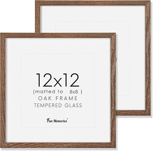 12x12 Picture Frame Set of 2, High-End Oak Wood Frame 12 x 12 for Wall, Square Wooden 12 by 12 Gallery Frames Set, 12x12 Frame Matted to 8x8, Real Glass 12 x 12 Frames, Walnut Color