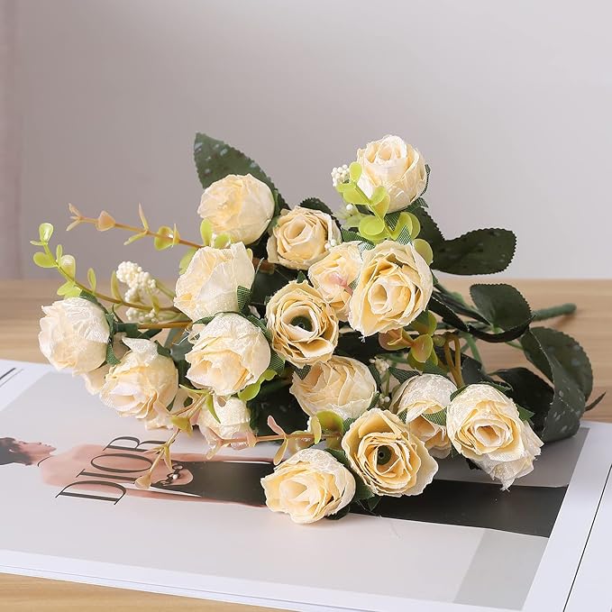 Duovlo 7 Branch 21 Mini Rose Heads Artificial Flowers Bouquet Wedding Home Office Decor,Pack of 2 (2 PCS Champagne)