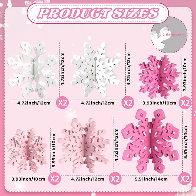 OuMuaMua 12 Set Snowflake Christmas Table Decorations - 24pcs Pink White Wooden 3D Snowflake Decor Tabletop Centerpieces for Christmas Party Supplies Home Decor