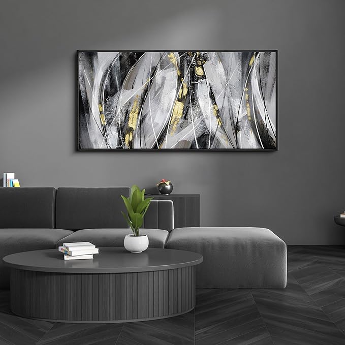 KLAKLA Abstract Frame Wall Art - Black and White Picture for Living Room Black and Gold Framed Artwork Canvas Art Work for Office Home Decor Bedroom Wall Decoration - 40x20 Inches