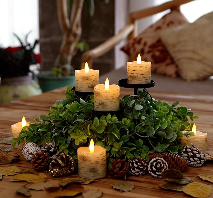 Homemory Flameless Votive Candles with Remote, 2" x 2" Birch Bark Real Wax, 400+Hour Realistic Black Wick Battery Operated Fake Candles, 6 Pack for Wedding, Party and Holiday Decoration