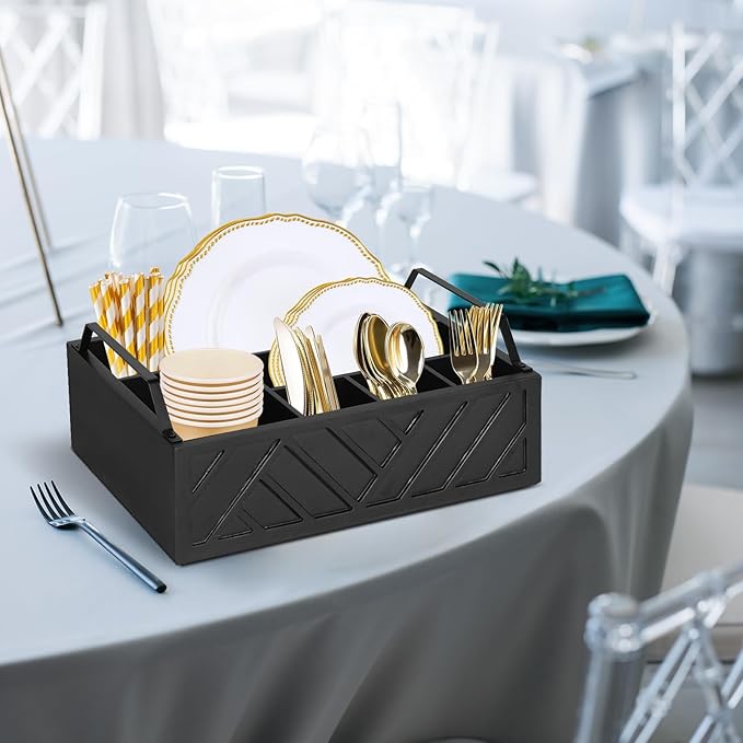 Paper Plate Dispenser and Holder for Kitchen Counter, Wood Rustic Silverware Utensil Caddy, Cutlery Flatware Organizer Box for Cups Spoons Forks Napkins, Kitchen Accessories (Black)