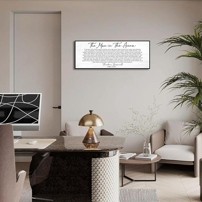 Motivational Wall Art Office Decor: The Man in The Arena Wall Art Canvas Print Framed Poster 32''×12'', Inspirational Gifts for Men, Positive Quotes Wall Decor for Modern Bedroom Living Room