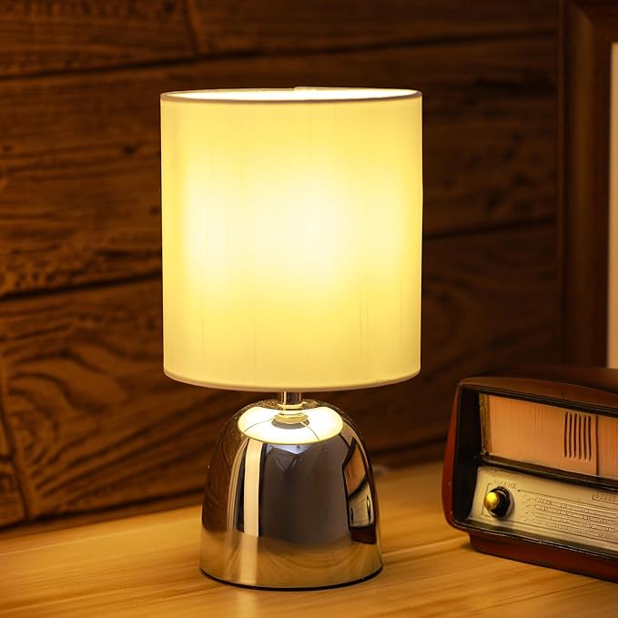 Small Modern Touch Eye Protection Bedside Table Lamp, 5.5 x 5.5 x 10 Inch Farmhouse Table Lamps, Silver Metal Base Table Lamp for Living Room Bedrooms and Office (White Fabric Lampshade)