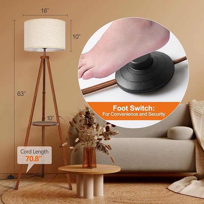 OUTON Wood Tripod Floor Lamp with Shelves, Mid Century LED Modern Dimmable Floor Lamp with Remote Control, Sturdy Tall Standing Lamp with Beige Linen Texture Shade for Living Room, Bedroom, Office