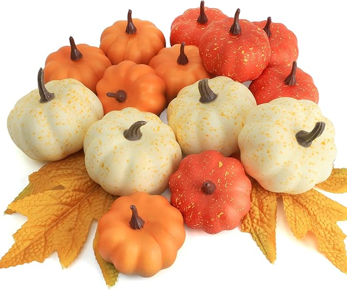 16PCS Realistic Mini Pumpkin Decor,Fall Decor with Pumpkins Maple Leaves, Artificial Pumpkin Decor for Autumn Filler, Realistic Pumpkin Decorations for Halloween Thanksgiving Fall Home Decor