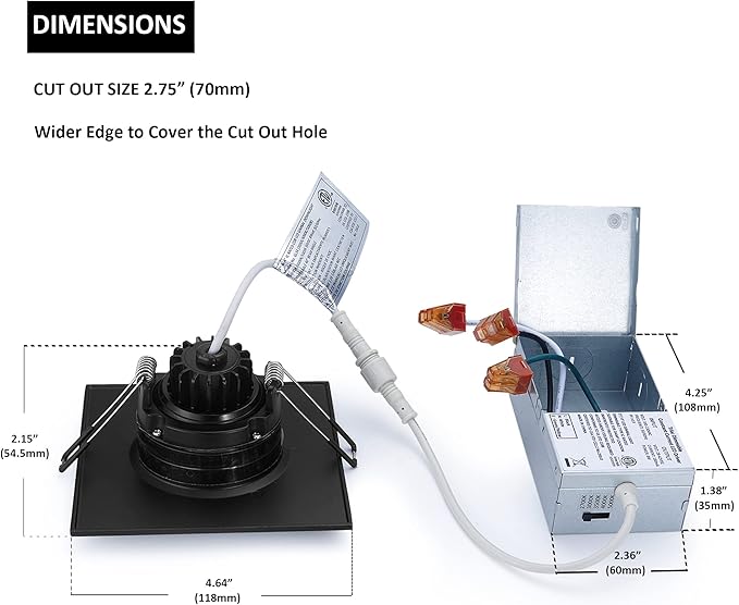 Canless Recessed Gimbal Downlight Rotatable-Spotlight 5 CCT 4 Inch Eyeball Ceilling Potlight, Dimmable Lights Fixture with Junction Box, 8W CCT Adjustable, Black Square Trim, with Baffle, 6P