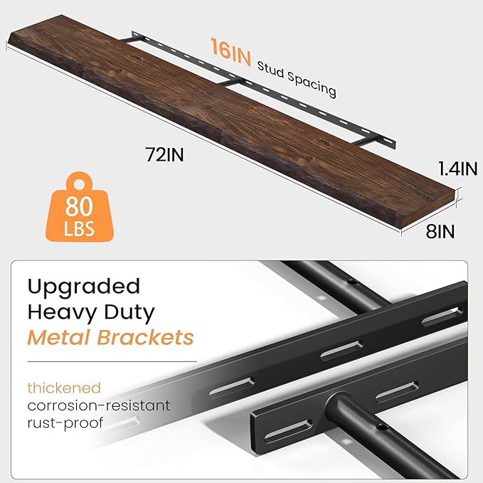 72 Inch Floating Shelves for Wall, Rustic Elm Wood Floating Shelves for Home Décor, Wall-Mounted Display Shelves with Heavy-Duty Bracket, Long Floating Shelf for Kitchen, Living Room, Walnut