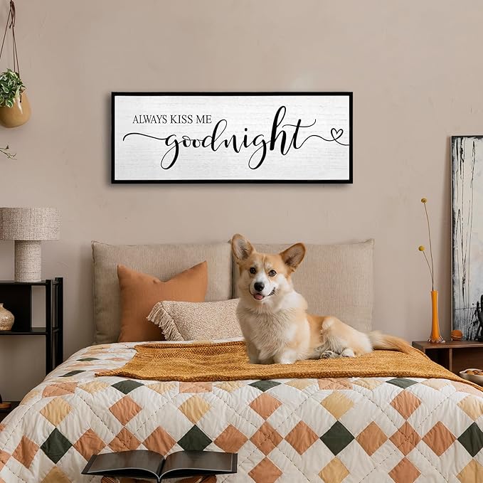 Always Kiss Me Goodnight Wall Sign 40''×15'' Vintage Master Bedroom Above Bed Farmhouse Wooden Framed Family Wall Decor for Larg Couples Over Bed Wall Art Decoration (Black)