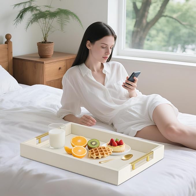 Ivory Faux Leather Serving Tray with Handles – Large Decorative Tray for Coffee Table, Ottoman, Living Room, Bathroom – Home Decor