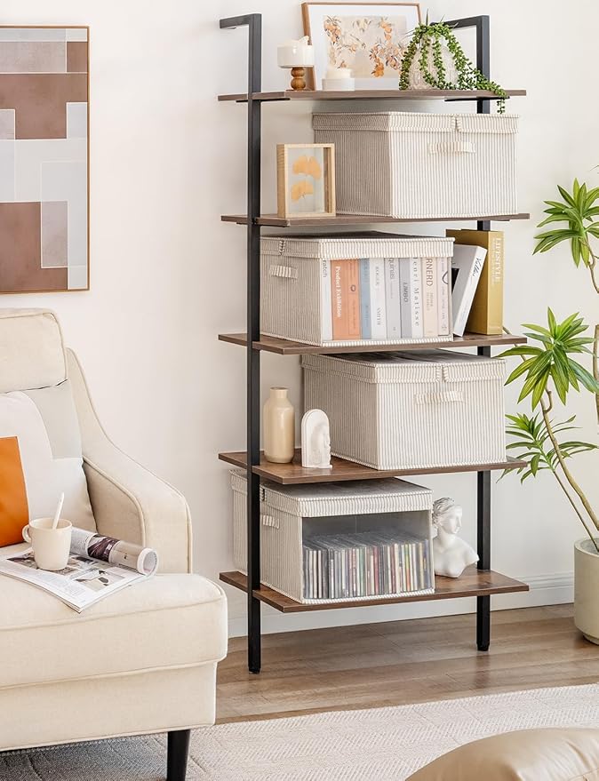 StorageWorks Storage Bins with Lid and Clear Window, Fabric Storage Boxes with Lids, Stackable Basket for Shelves, Closet Organizer and Storage Bins, Gray and White Stripes, Jumbo, 4-Pack