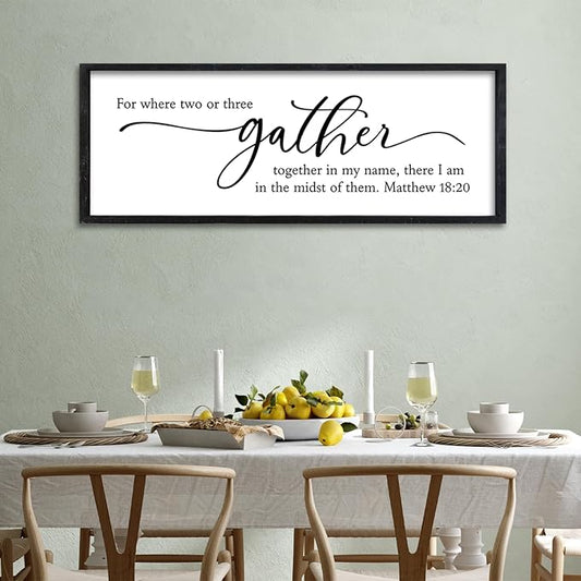 Surfapans For Where Two Or Three Gather Sign Wall Art Decor 32"X12" Dining Room cripture Matthew 18 20 Bible Verse Large Wood Framed Hanging (Black)