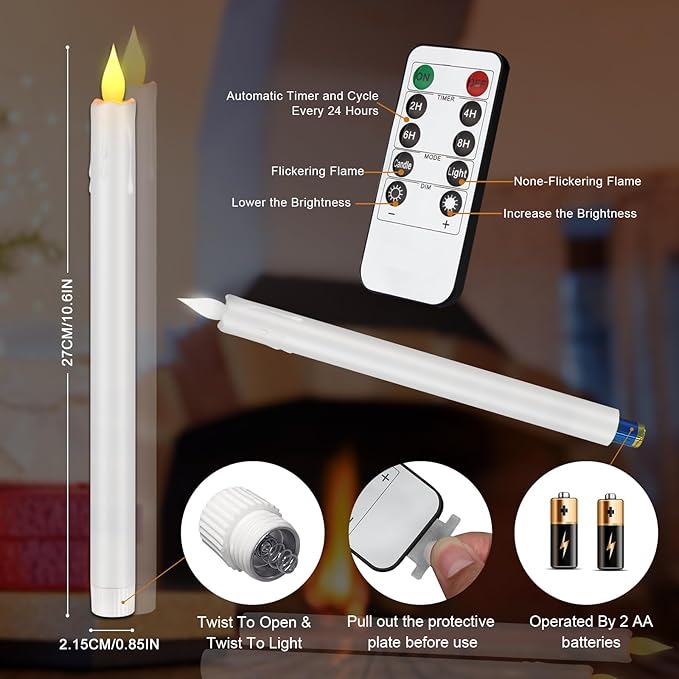 Flameless Taper Candles 10.6" Dripless Battery Operated Taper Candles Included Remote Timer 400+ Hours by 2AA Batteries for Halloween Christmas Wedding (White, 12 Pack)