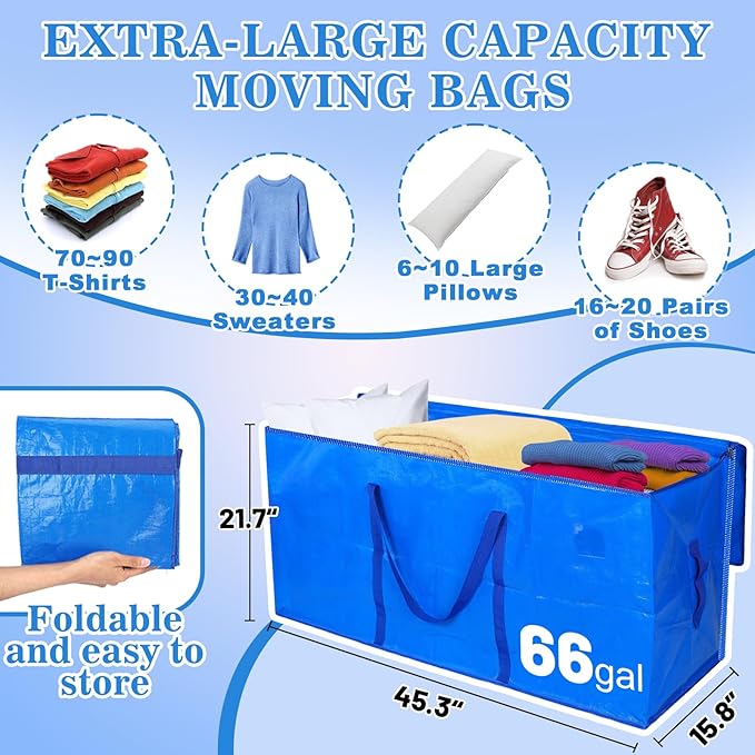 66 Gallon Extra Large Moving Bags - Heavy Duty Storage Bags with Zipper & Strong Handles, Blue Packing Bag for Moving, Storage, Travel and Camping, College Dorm & Home Supplies, 2 Pcs