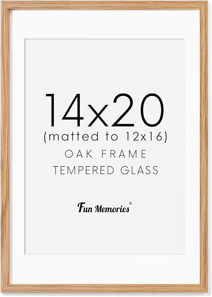 14x20 Picture Frame, Solid Oak Wooden 14"x20" Photo Frame for Wall, 14 x 20 Frame Matted to 12 x 16, Tempered Real Glass, 14 x 20 Collage Gallery Frames (Natural Oak Color, 1 Pack)