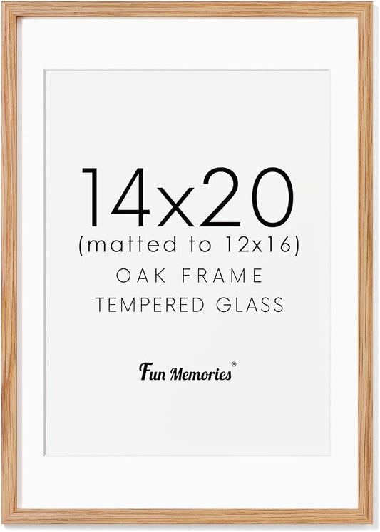 14x20 Picture Frame, Solid Oak Wooden 14"x20" Photo Frame for Wall, 14 x 20 Frame Matted to 12 x 16, Tempered Real Glass, 14 x 20 Collage Gallery Frames (Natural Oak Color, 1 Pack)