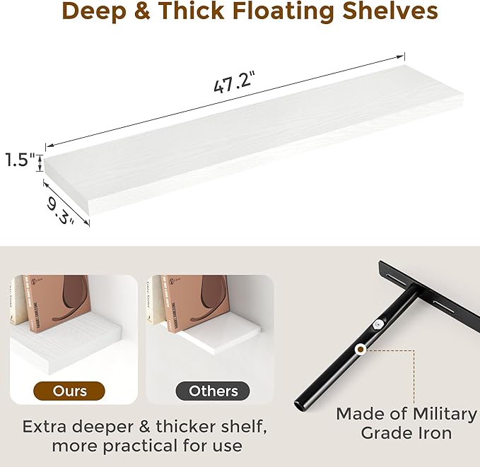 Fun Memories White Floating Shelves 48 Inch Long, Wood Wall Shelves 48x9.3x1.5, 9.3 Inch Deep Floating Shelf for Wall, Large White Shelves for Home Decor & Storage