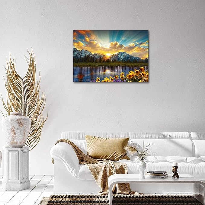 SKASNFAI Grand Teton National Park Wall Art Sunflower Landscape Canvas Mountain Artwork Landscape Print for Living Room Framed (12x16 inch)